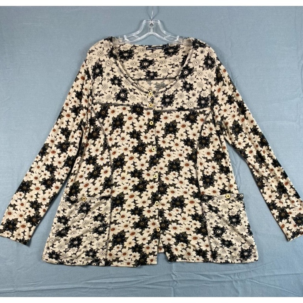 Gudrun Sjoden Blouse Sz L Beige Black Floral Buttons Long Sleeve Pockets Artsy